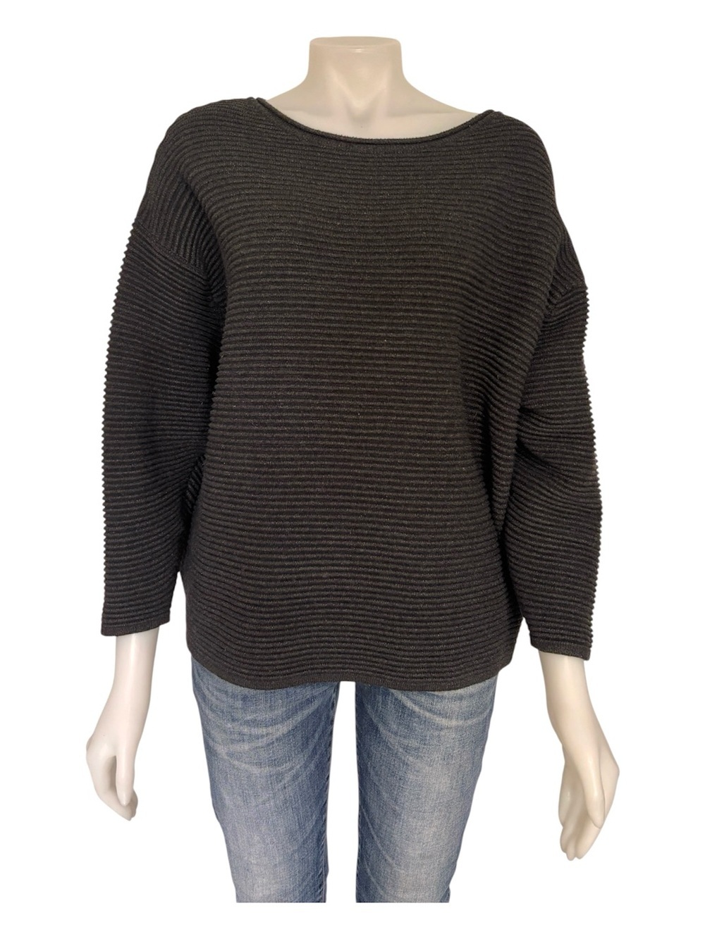 Zara Knit Charcoal Grey Ribbed Oversized Sweater Drop Shoulder Boxy Pullover S